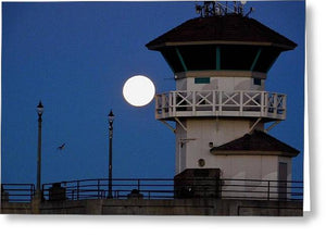 Full moon over HB Pier - Greeting Card